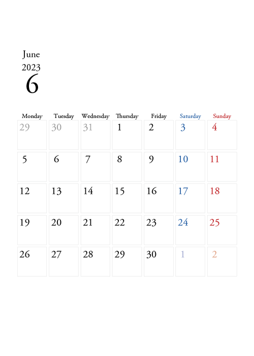 2023年の無料カレンダーPDFあり｜シンプルデザイン　6月　A4サイズ　月曜日はじまり
