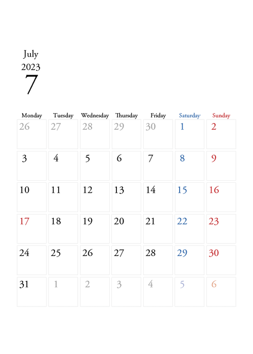 2023年の無料カレンダーPDFあり｜シンプルデザイン　7月　A4サイズ　月曜日はじまり