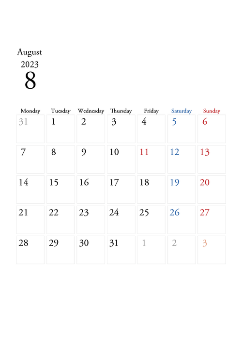 2023年の無料カレンダーPDFあり｜シンプルデザイン　8月　A4サイズ　月曜日はじまり
