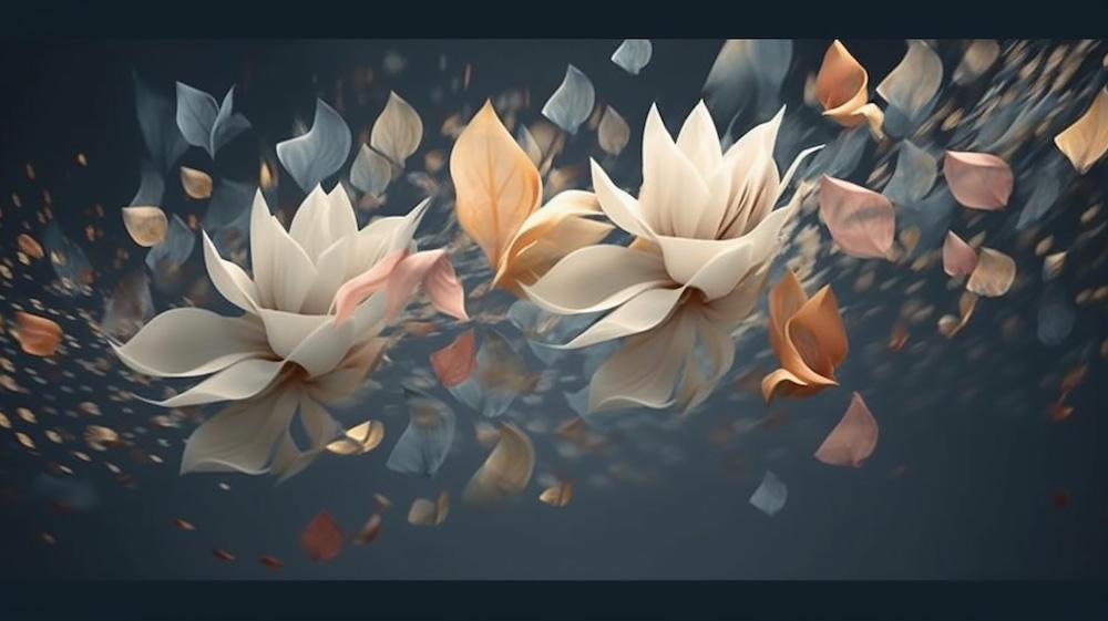 透明な3D花びらが明るい風に舞い躍る2｜イラスト無料
