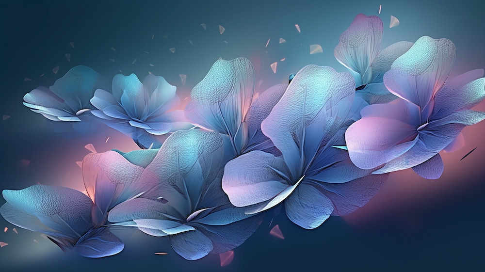透明な3D花びらが明るい風に舞い躍る3｜イラスト無料