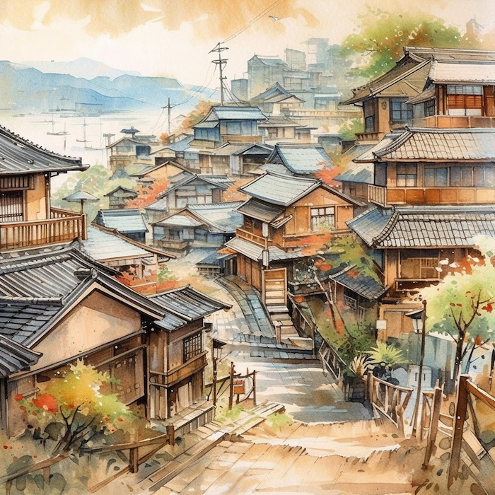 水彩で書いた日本の風景・背景素材7｜イラスト無料