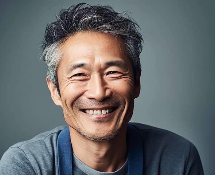 自然な笑顔の50代の日本人男性1人顔アップ｜素材無料
