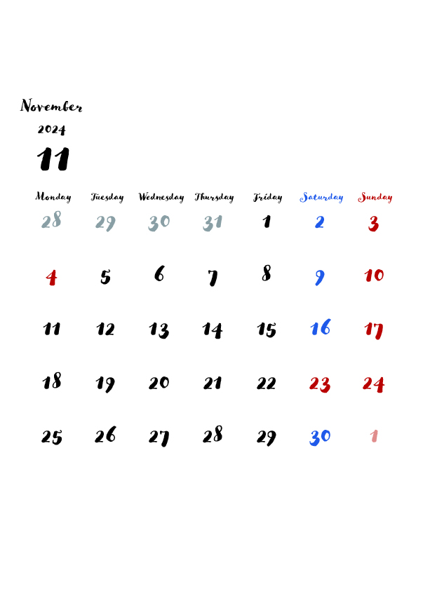 2024年の無料カレンダーPDFあり｜かわいいデザイン　11月　A4サイズ　月曜日はじまり