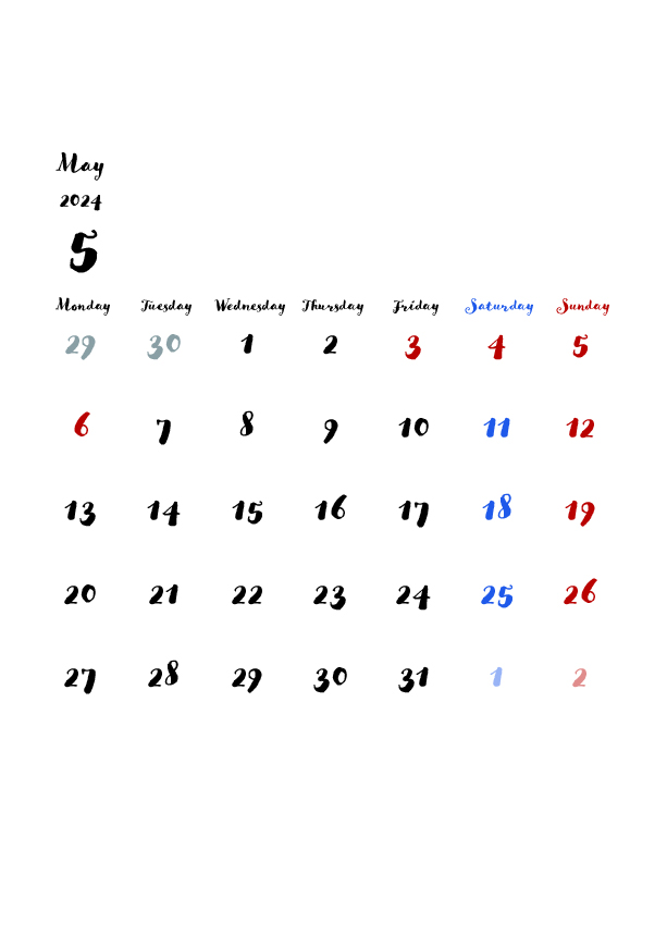 2024年の無料カレンダーPDFあり｜かわいいデザイン　5月　A4サイズ　月曜日はじまり