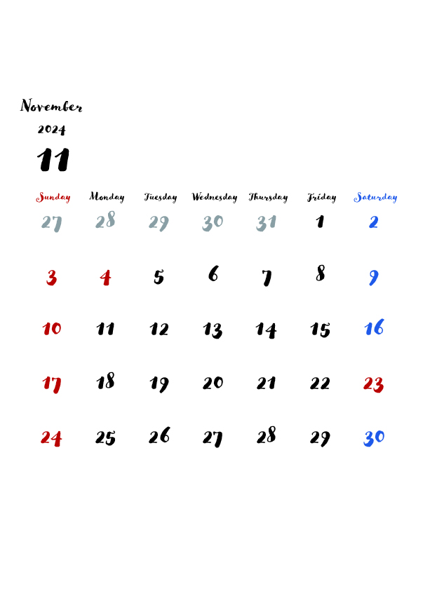 2024年の無料カレンダーPDFあり｜かわいいデザイン　11月　A4サイズ　日曜日はじまり