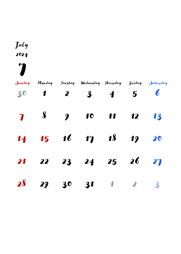2024年の無料カレンダーPDFあり｜かわいいデザイン　7月　A4サイズ　日曜日はじまり