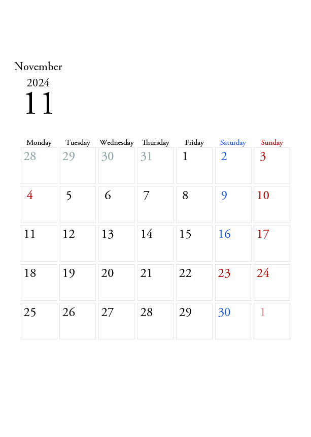 2024年の無料カレンダーPDFあり｜シンプルなデザイン　11月　A4サイズ　月曜日はじまり
