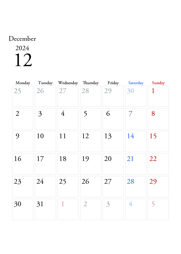 2024年の無料カレンダーPDFあり｜シンプルなデザイン　12月　A4サイズ　月曜日はじまり