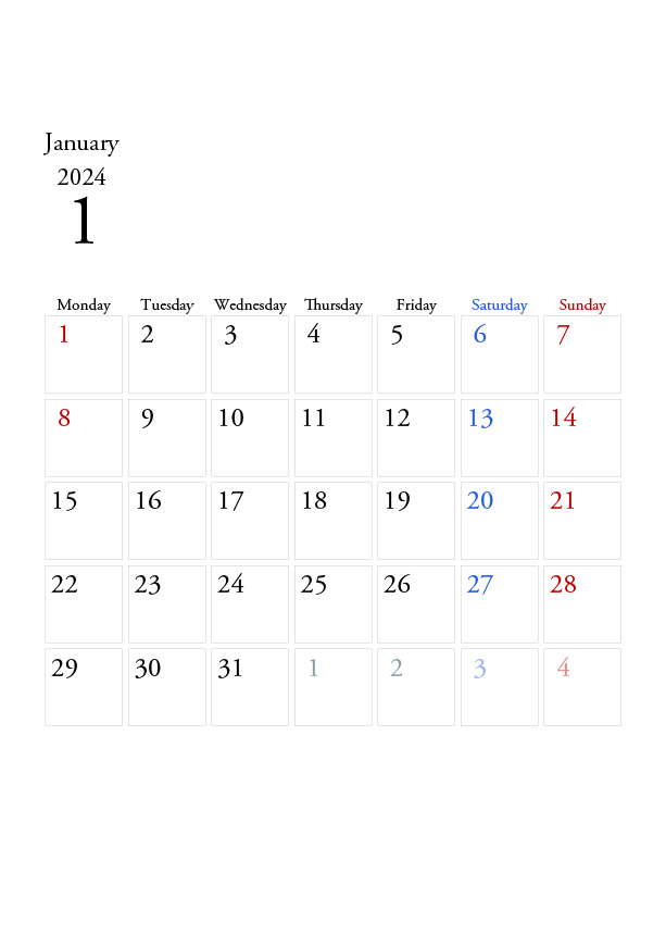2024年の無料カレンダーPDFあり｜シンプルなデザイン　1月　A4サイズ　月曜日はじまり