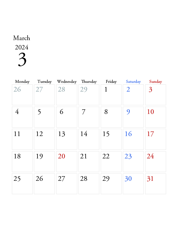 2024年の無料カレンダーPDFあり｜シンプルなデザイン　3月　A4サイズ　月曜日はじまり