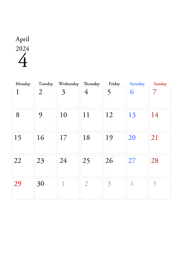 2024年の無料カレンダーPDFあり｜シンプルなデザイン　4月　A4サイズ　月曜日はじまり
