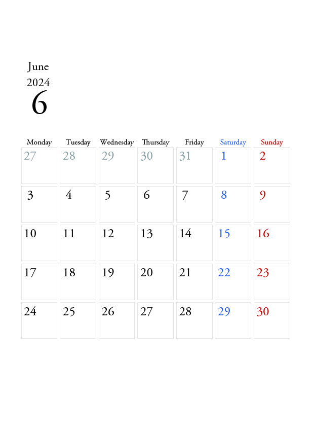 2024年の無料カレンダーPDFあり｜シンプルなデザイン　6月　A4サイズ　月曜日はじまり