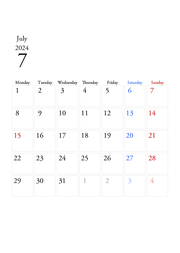2024年の無料カレンダーPDFあり｜シンプルなデザイン　7月　A4サイズ　月曜日はじまり