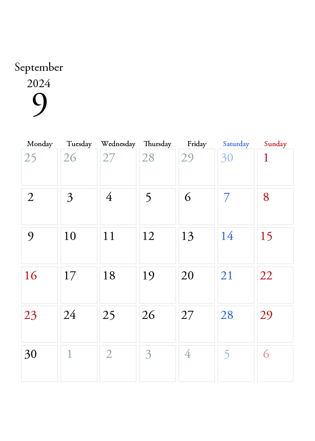 2024年の無料カレンダーPDFあり｜シンプルなデザイン　9月　A4サイズ　月曜日はじまり