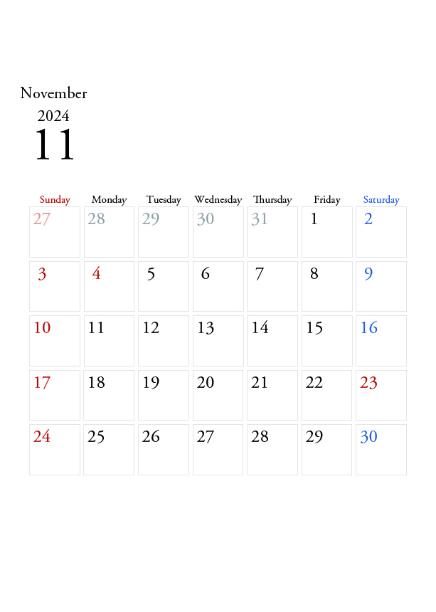 2024年の無料カレンダーPDFあり｜シンプルなデザイン　11月　A4サイズ　日曜日はじまり