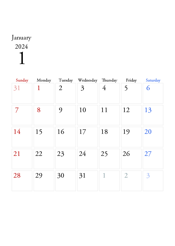 2024年の無料カレンダーPDFあり｜シンプルなデザイン　1月　A4サイズ　日曜日はじまり
