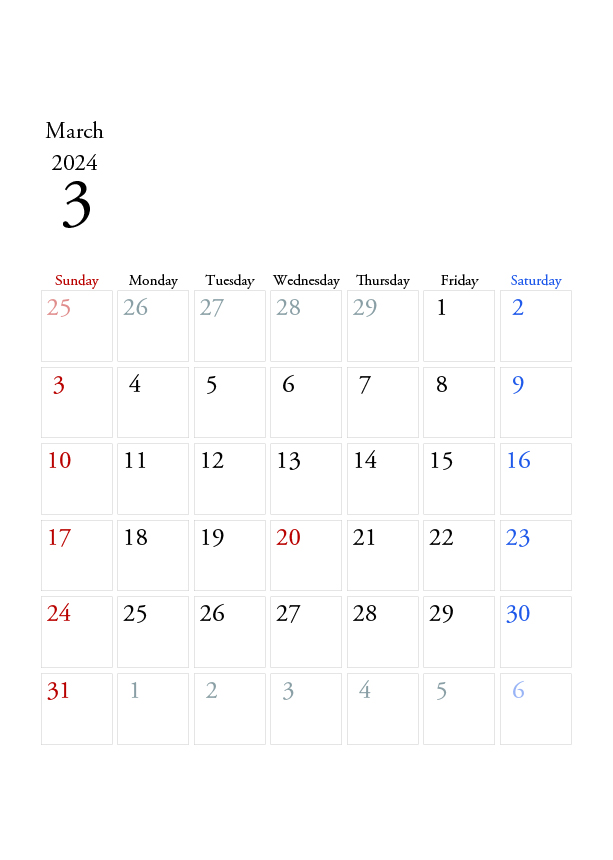 2024年の無料カレンダーPDFあり｜シンプルなデザイン　3月　A4サイズ　日曜日はじまり