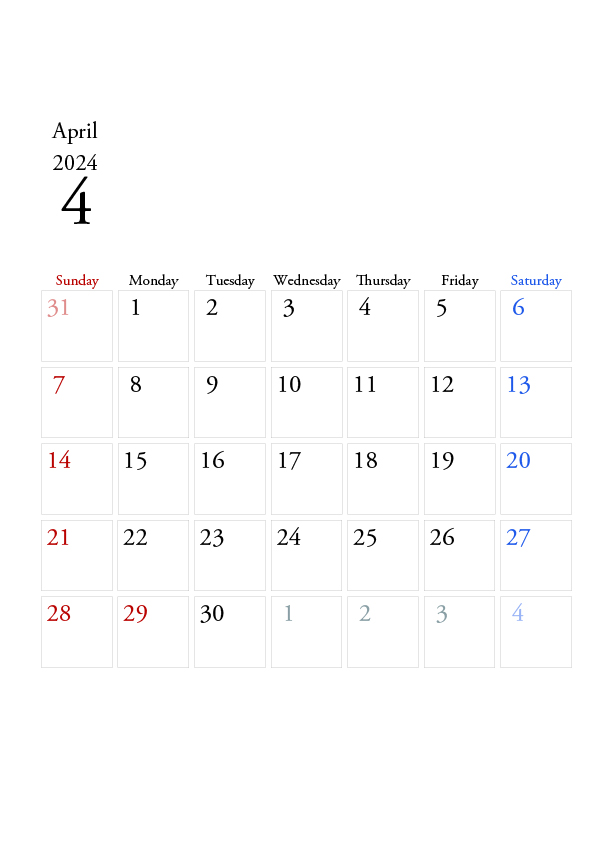 2024年の無料カレンダーPDFあり｜シンプルなデザイン　4月　A4サイズ　日曜日はじまり