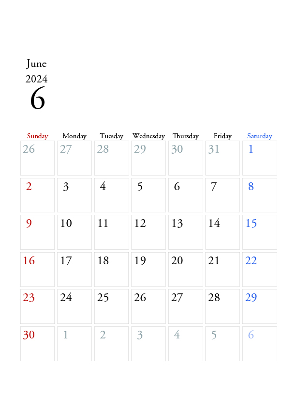 2024年の無料カレンダーPDFあり｜シンプルなデザイン　6月　A4サイズ　日曜日はじまり