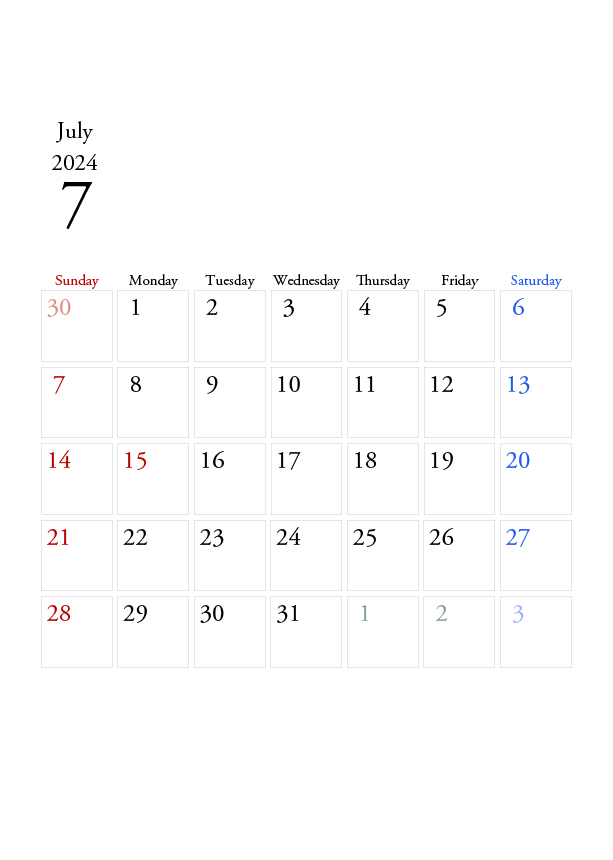 2024年の無料カレンダーPDFあり｜シンプルなデザイン　7月　A4サイズ　日曜日はじまり