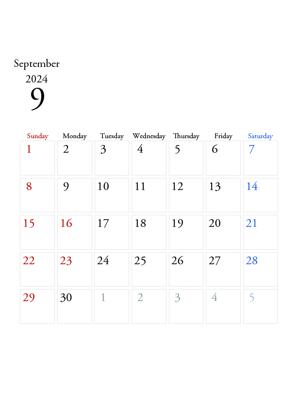 2024年の無料カレンダーPDFあり｜シンプルなデザイン　9月　A4サイズ　日曜日はじまり