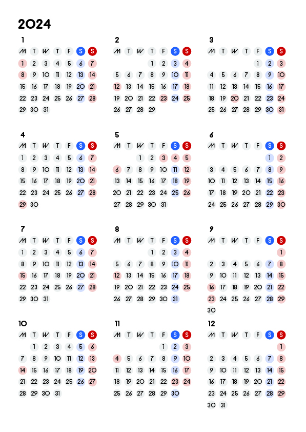 2024年の無料カレンダーPDFあり｜シンプルデザイン　1年分　A4サイズ　月曜日はじまり