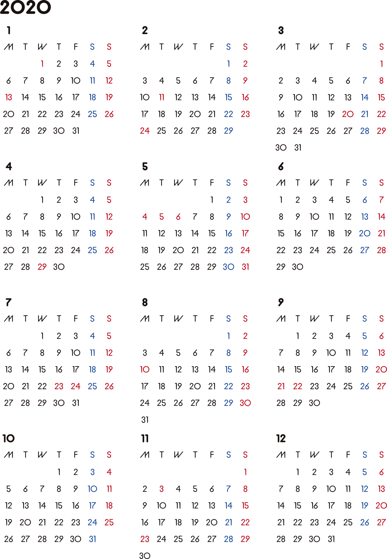 カレンダー 2020 無料 シンプルなカレンダー A4 背景なし 月曜始まり 公式 イラストダウンロード
