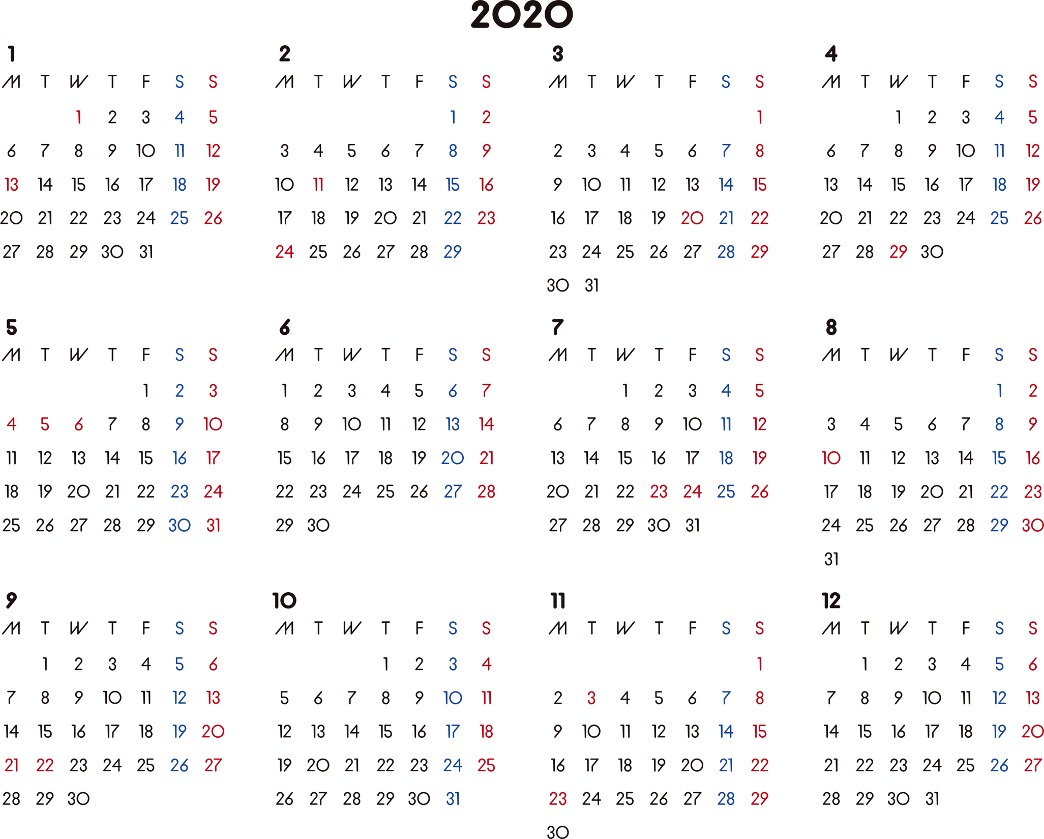 カレンダー 2020 無料 シンプルなカレンダー A4 横型 月曜始まり