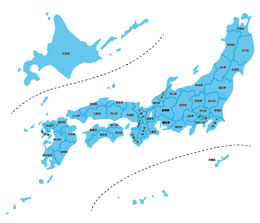 イラスト無料 シンプルな日本地図 青色 都道府県で線引き 公式 イラストダウンロード