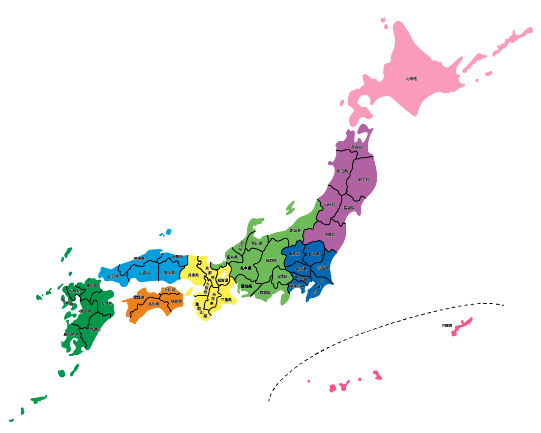イラスト無料 シンプルな日本地図 カラフル 都道府県で色分け 公式 イラストダウンロード