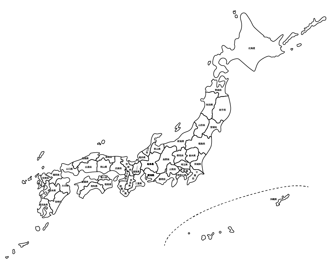 イラスト無料 シンプルな日本地図 白地図 都道府県で線引き イラストダウンロード