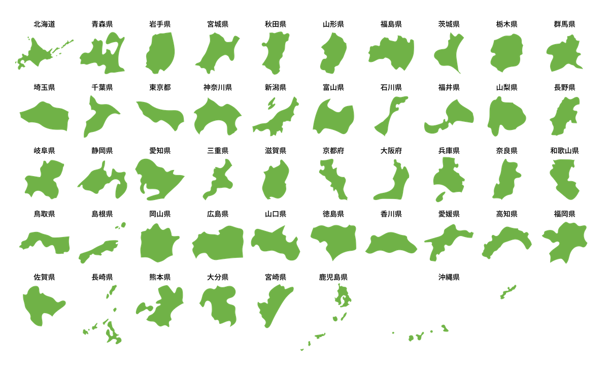 イラスト無料 シンプルな日本地図 都道府県ごとに切り分け 黄緑色 イラストダウンロード