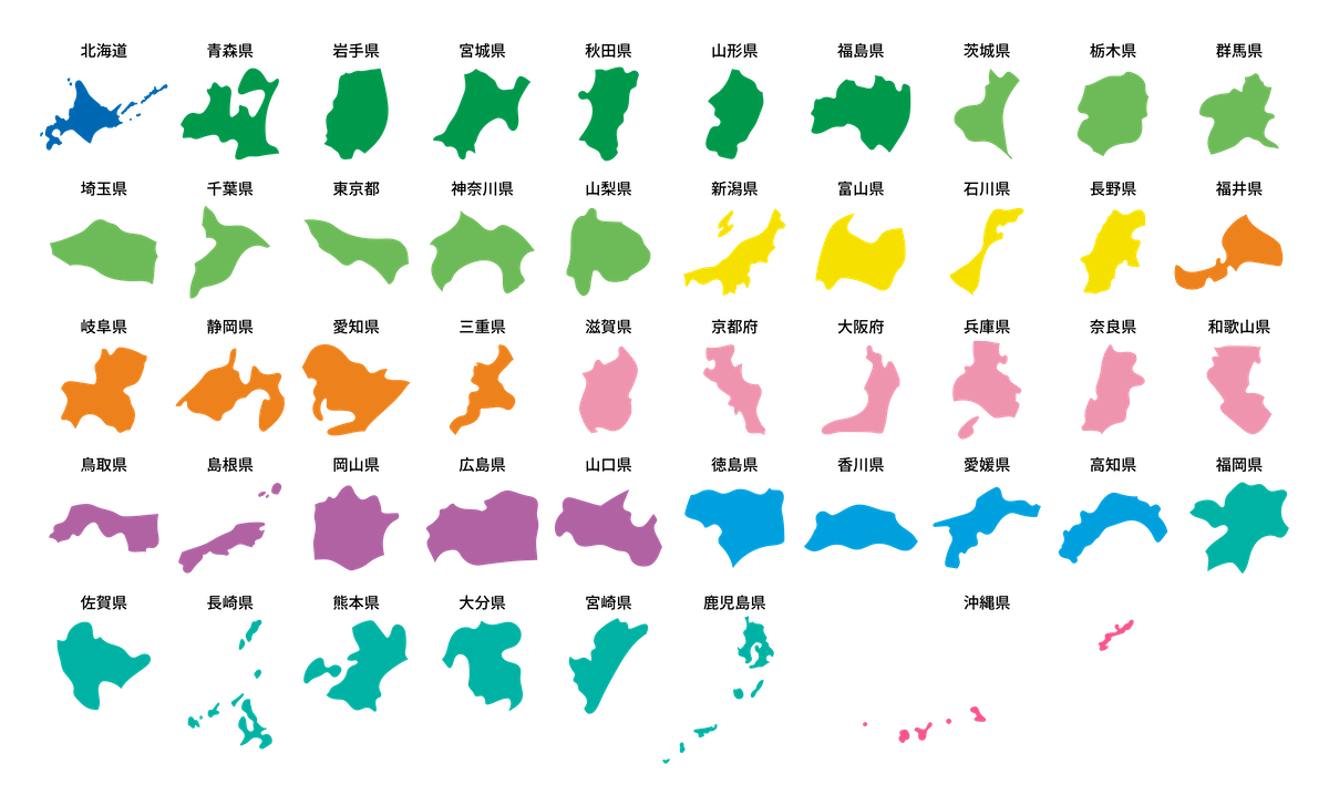 イラスト無料 シンプルな日本地図 都道府県ごとに切り分け カラフル エリアで色分け イラストダウンロード