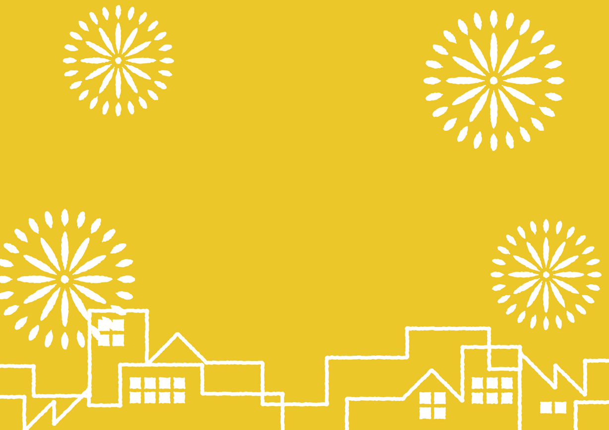 シンプルイラスト無料 夏祭り 町並み 花火 黄色 背景 イラストダウンロード