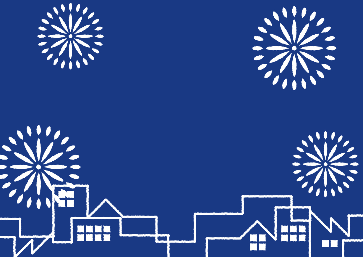 シンプルイラスト無料 夏祭り 町並み 花火 青色 背景 公式 イラストダウンロード