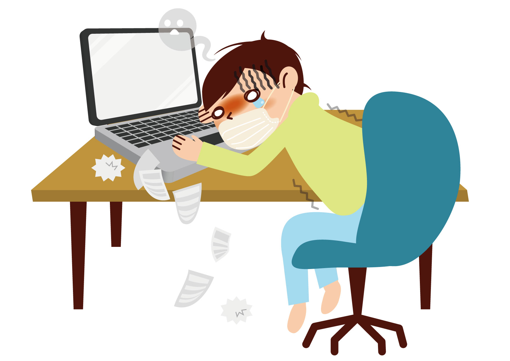 可愛いイラスト無料｜インフルエンザ　男性　仕事　ノートパソコン − free illustration Influenza man work laptop